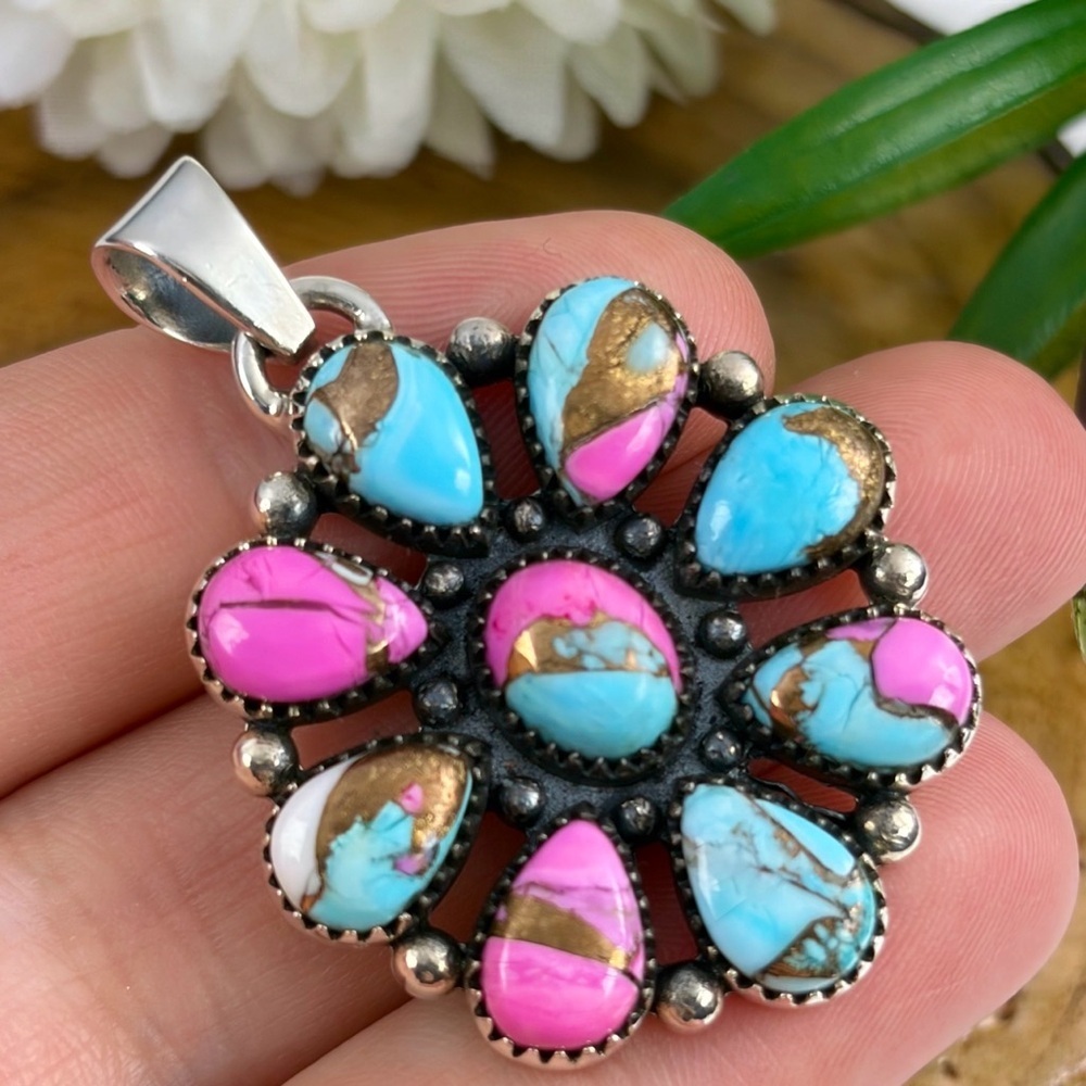 Pure Sterling Silver 925 Cotton Candy Turquoise Pendant Boho Southwest New - Picture 4 of 12